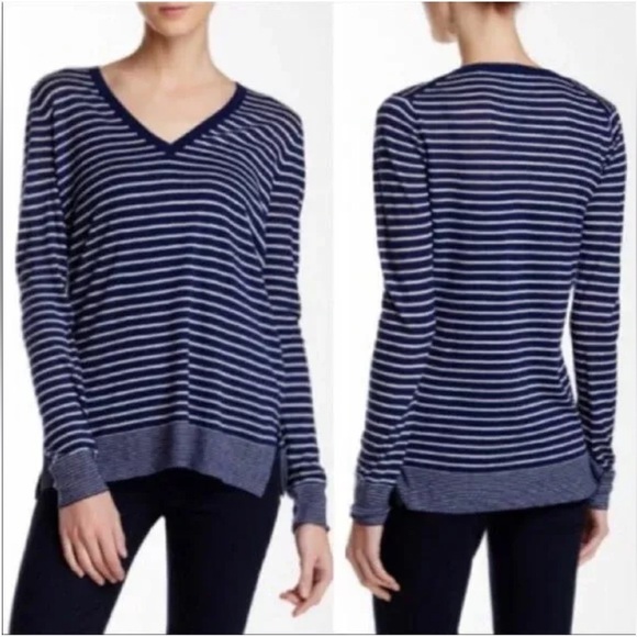 VINCE Womens Blue White Striped Wool Cashmere V-Neck Sweater Sz Large Preppy - Picture 1 of 10